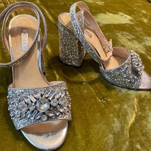 Topshop Block Heel Silver Metallic Glitter Pumps Party Shoes UK 5 US 7